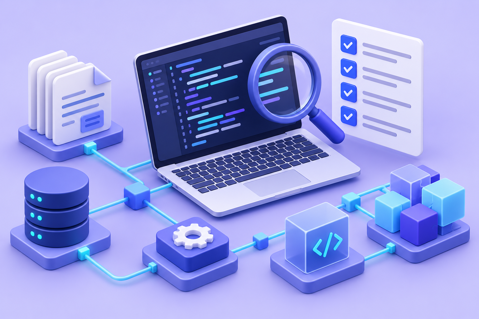 Laptop with code, a magnifying glass and a checklist for evaluating an open source project
